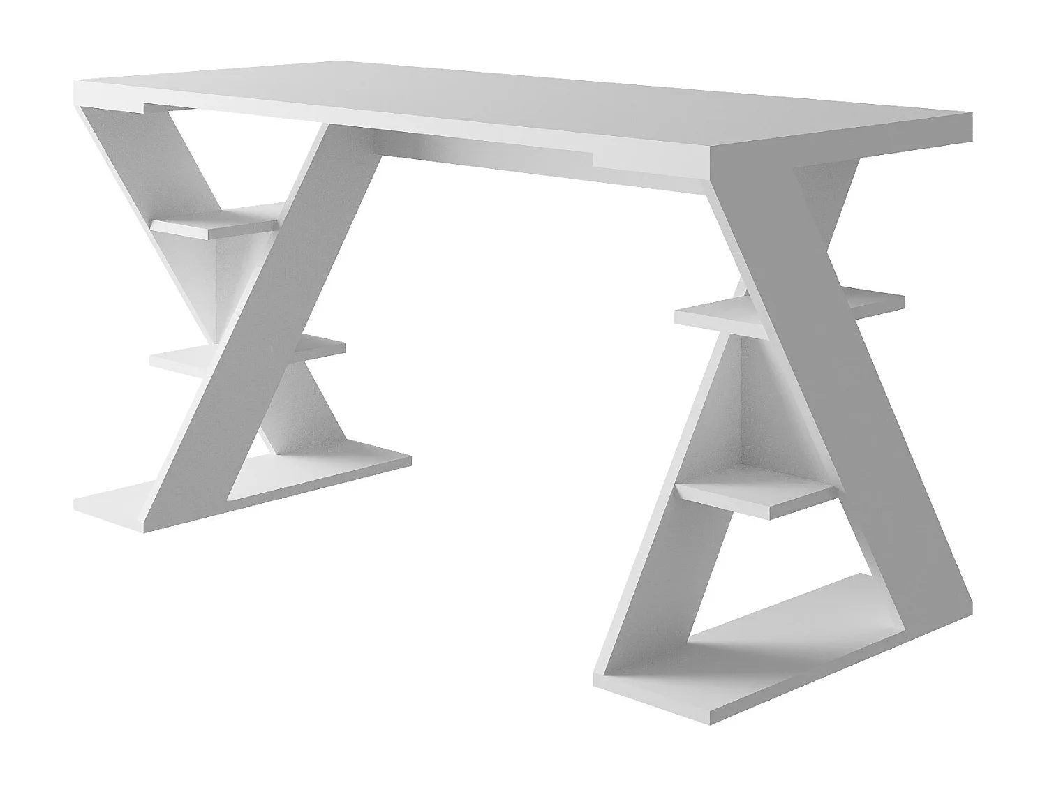 Scrivania Papillon bianca con gambe a X e ripiani integrati 137x60x75