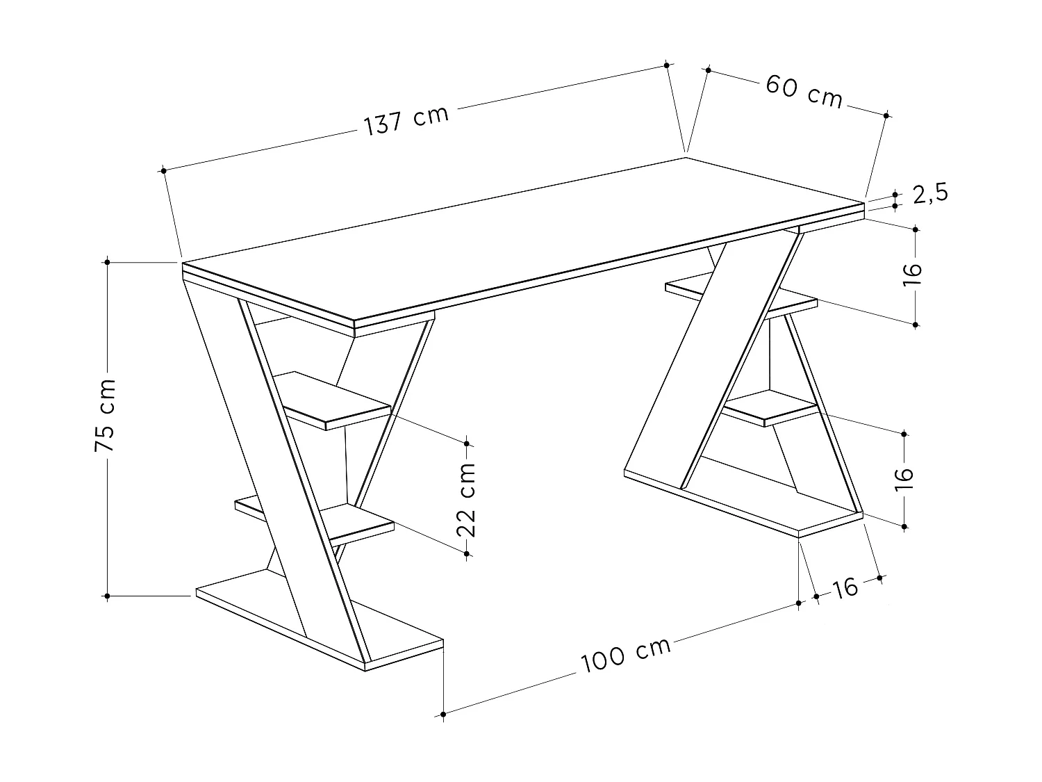 Scrivania Papillon bianca con gambe a X e ripiani integrati 137x60x75