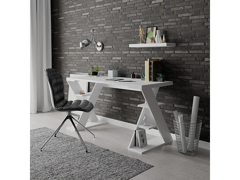 Scrivania Papillon bianca con gambe a X e ripiani integrati 137x60x75