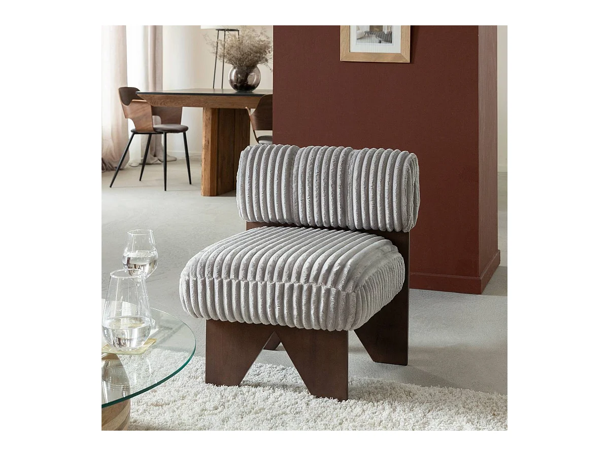 Petit fauteuil carré en velours côtelé et bois d'hévéa gris Soléa