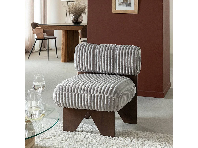 Petit fauteuil carré en velours côtelé et bois d'hévéa gris Eleonor