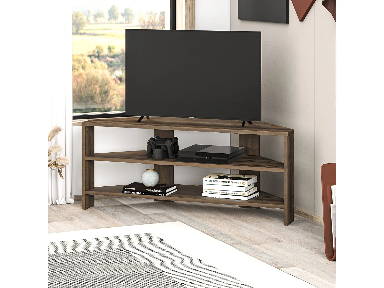 Decortie Effet Chêne Foncé 36x110x45cm Meuble TV d'angle pour TV jusqu'à 32" en aggloméré Centre multimédia Thales