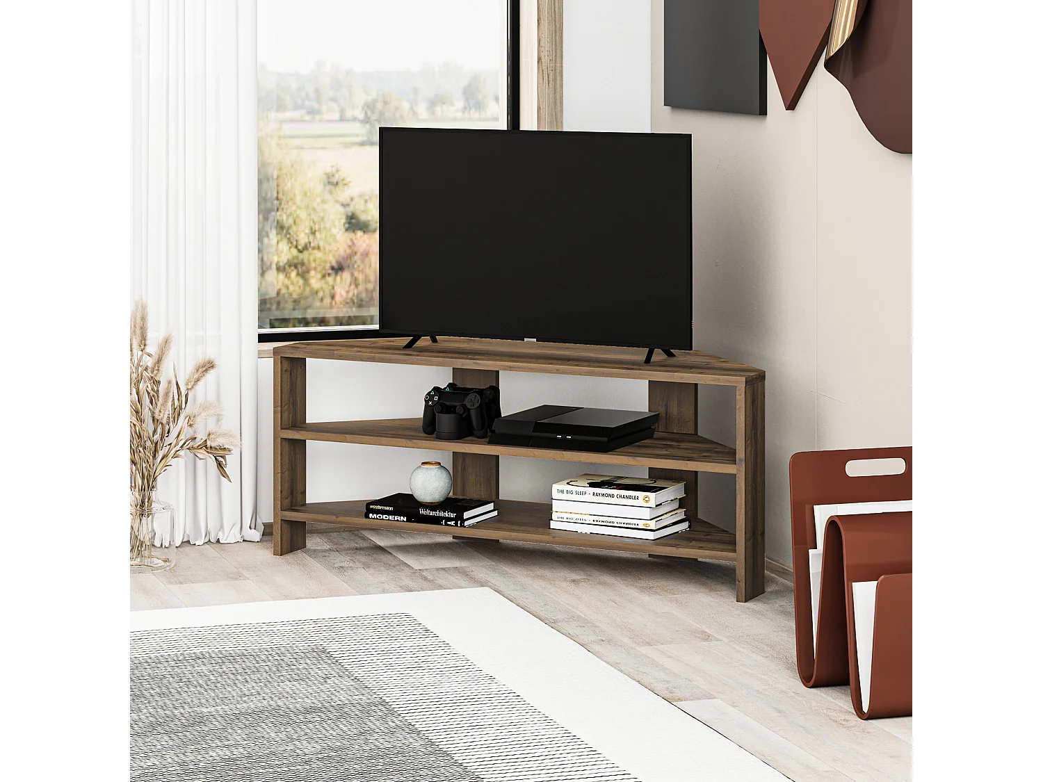 Decortie Effet Chêne Foncé 36x110x45cm Meuble TV d'angle pour TV jusqu'à 32" en aggloméré Centre multimédia Thales