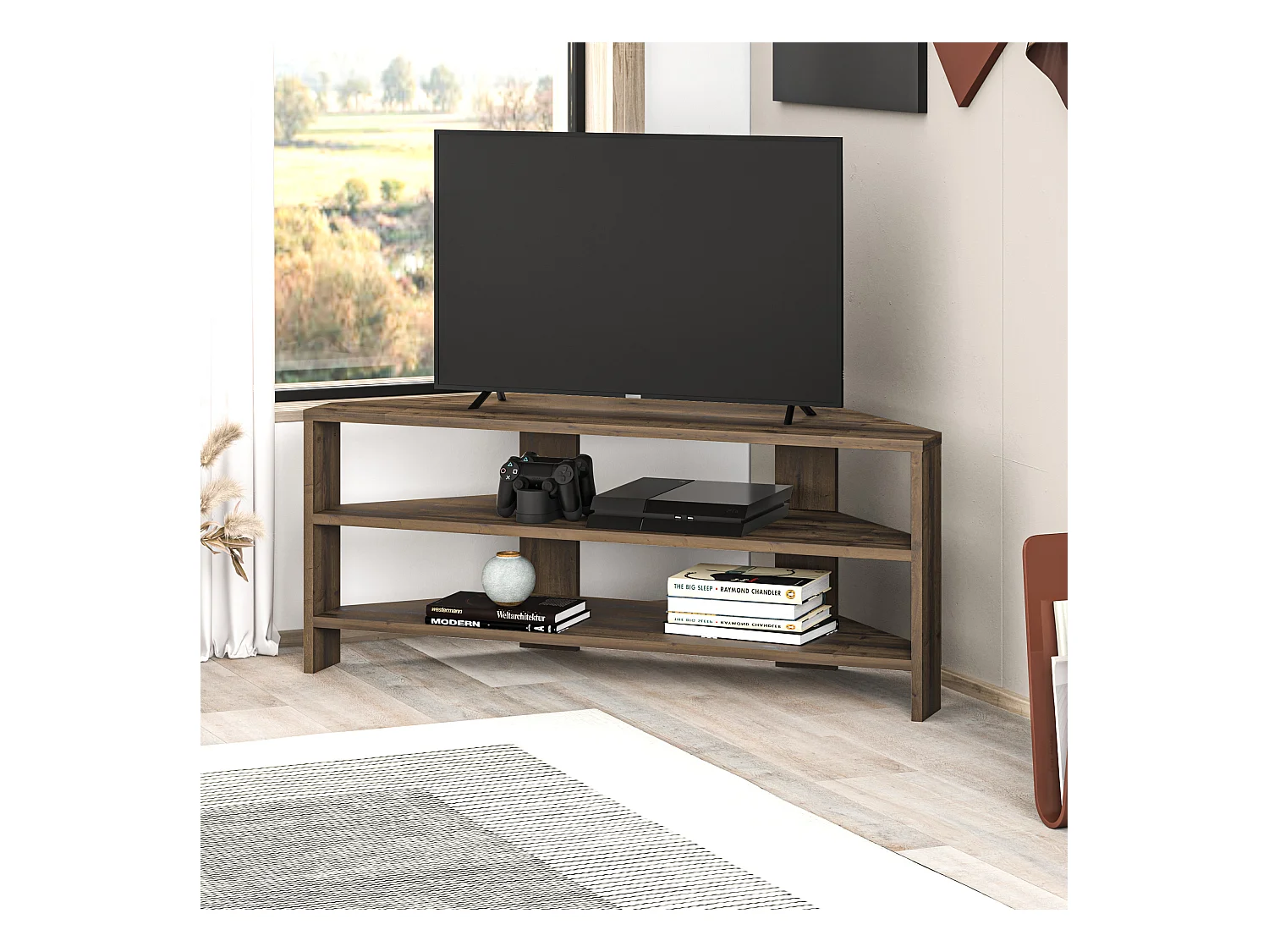 Decortie Effet Chêne Foncé 36x110x45cm Meuble TV d'angle pour TV jusqu'à 32" en aggloméré Centre multimédia Thales