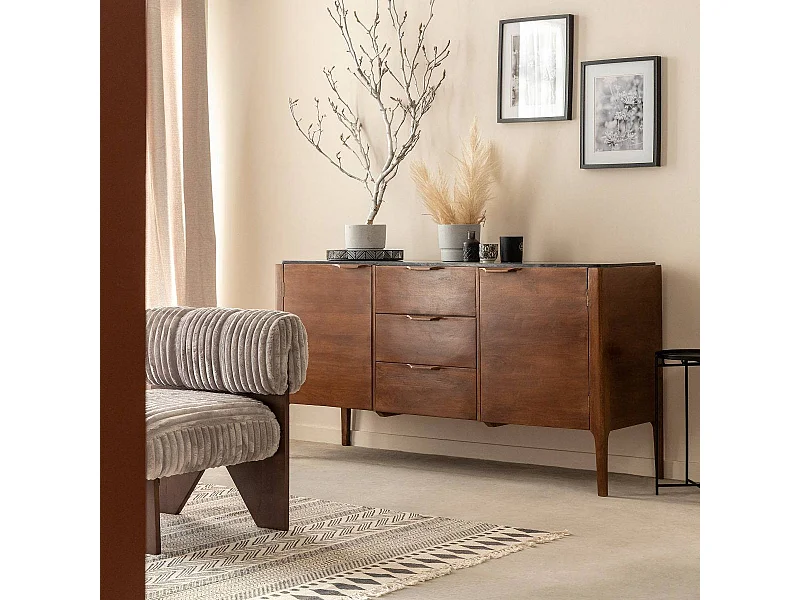 Buffet en marbre noir et bois de manguier Roch