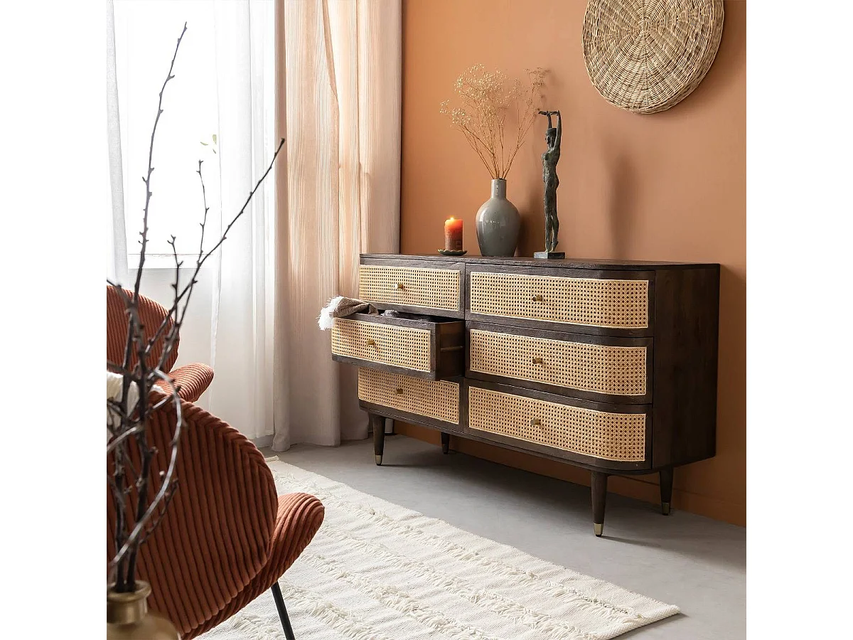 Commode 6 tiroirs en bois de manguier et cannage Soren