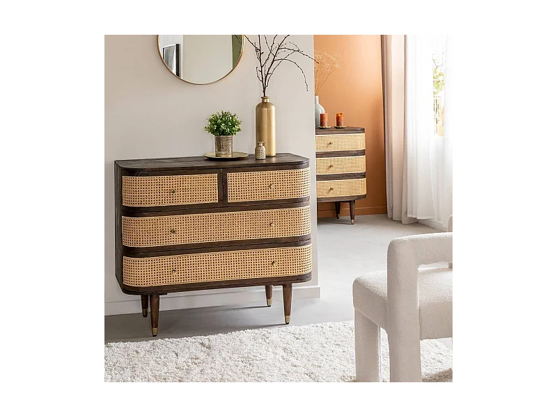 Commode 4 tiroirs en bois de manguier et cannage Soren