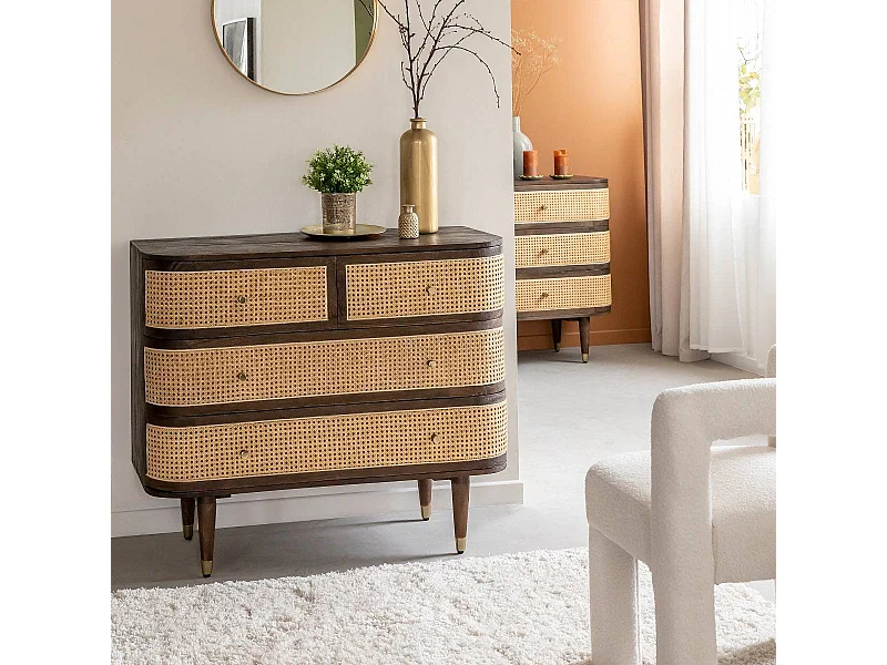 Commode 4 tiroirs en bois de manguier et cannage Soren