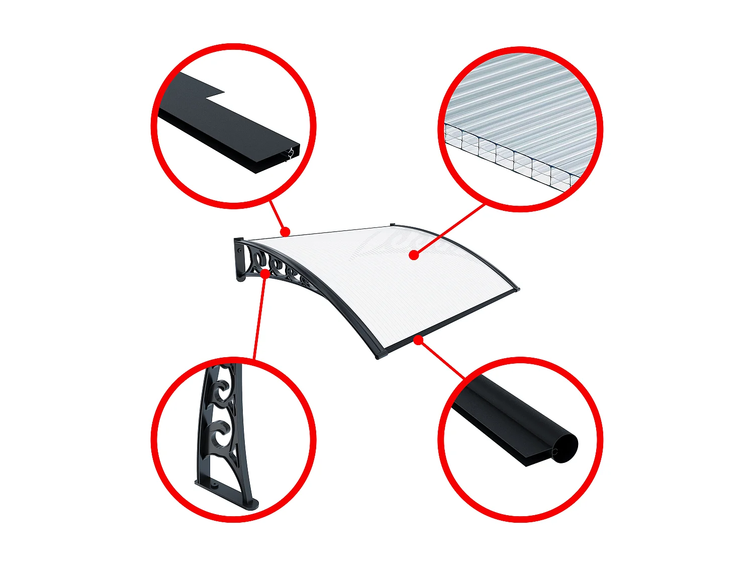 Pensilina Per Copertura In Policarbonato Alveolare Tettoia Modulabile Per Esterno Per Porte Balcone Finestre Elegante E Resistente, Trasparente (100 x 240 cm)