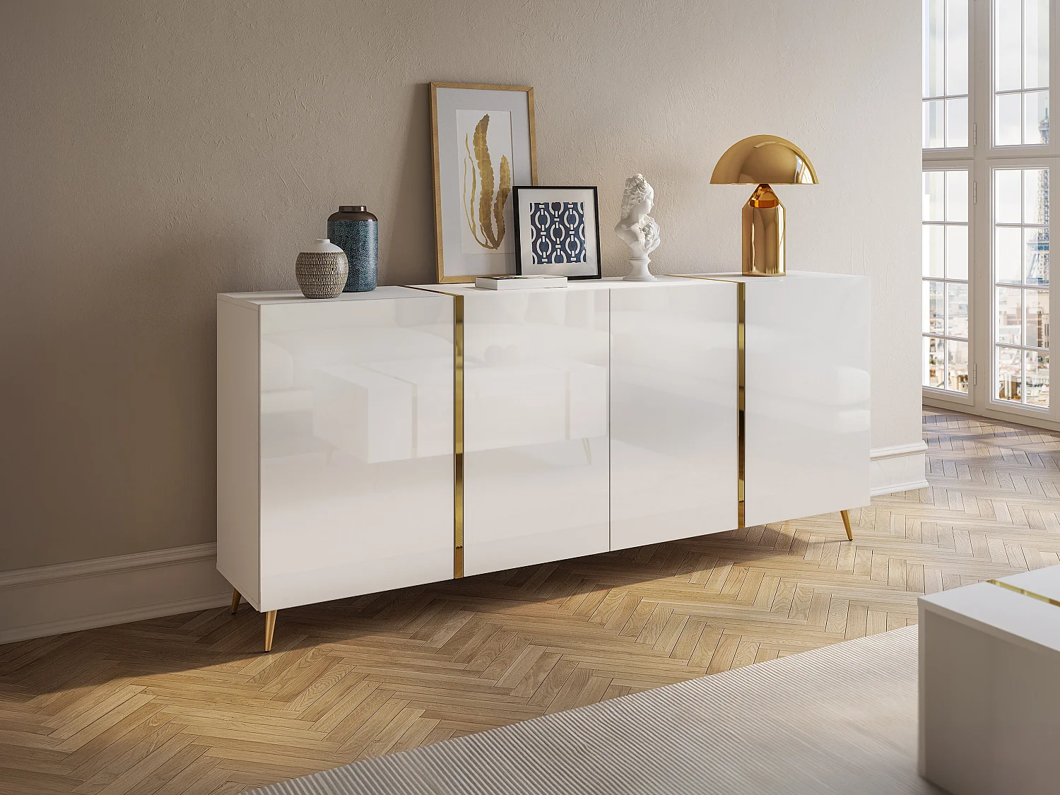Buffet avec 4 portes - 200 cm - Blanc brillant et Doré - MARZIALO