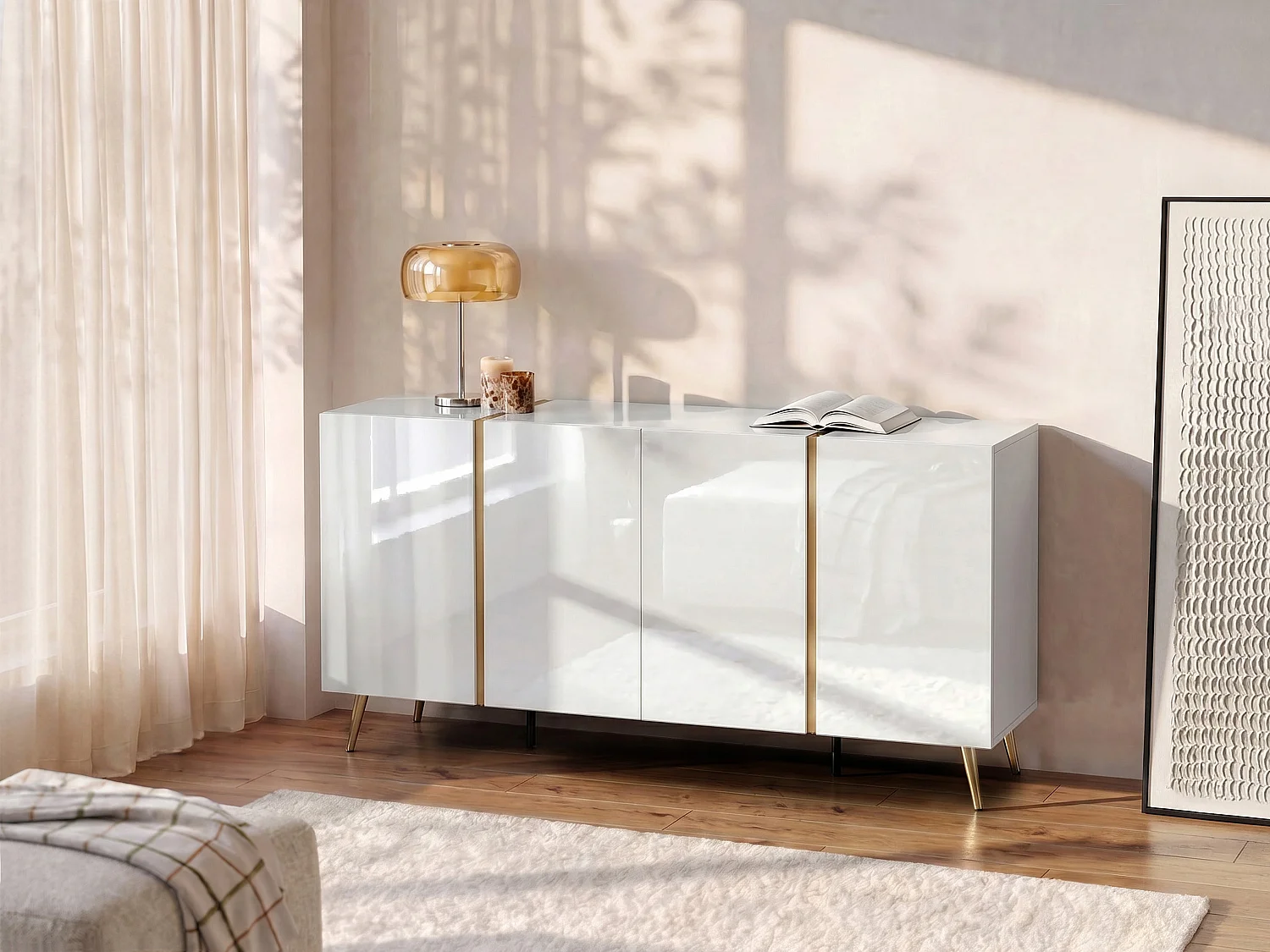 Dressoir met 4 deuren - 200 cm - Hoogglans wit en Goud - MARZIALO
