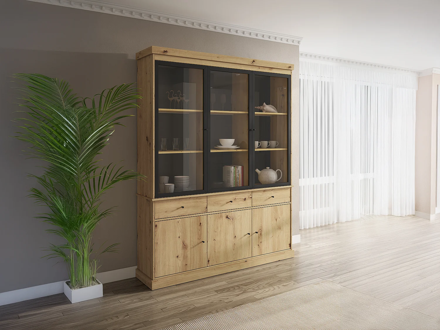 Vitrine avec rangements et LEDs - Naturel et noir - MARSORIA