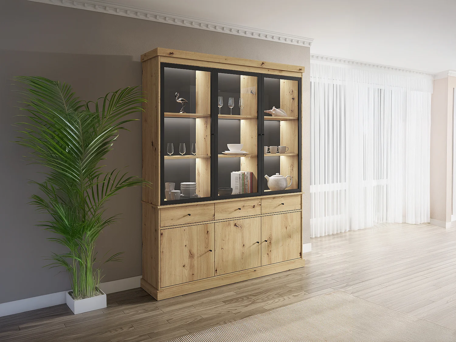 Vitrine avec rangements et LEDs - Naturel et noir - MARSORIA