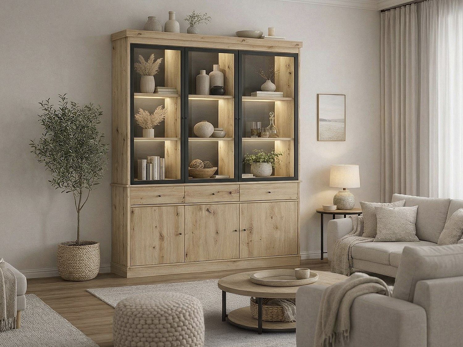 Vitrine mit Stauraum und LEDs - Natur und Schwarz - MARSORIA günstig online kaufen