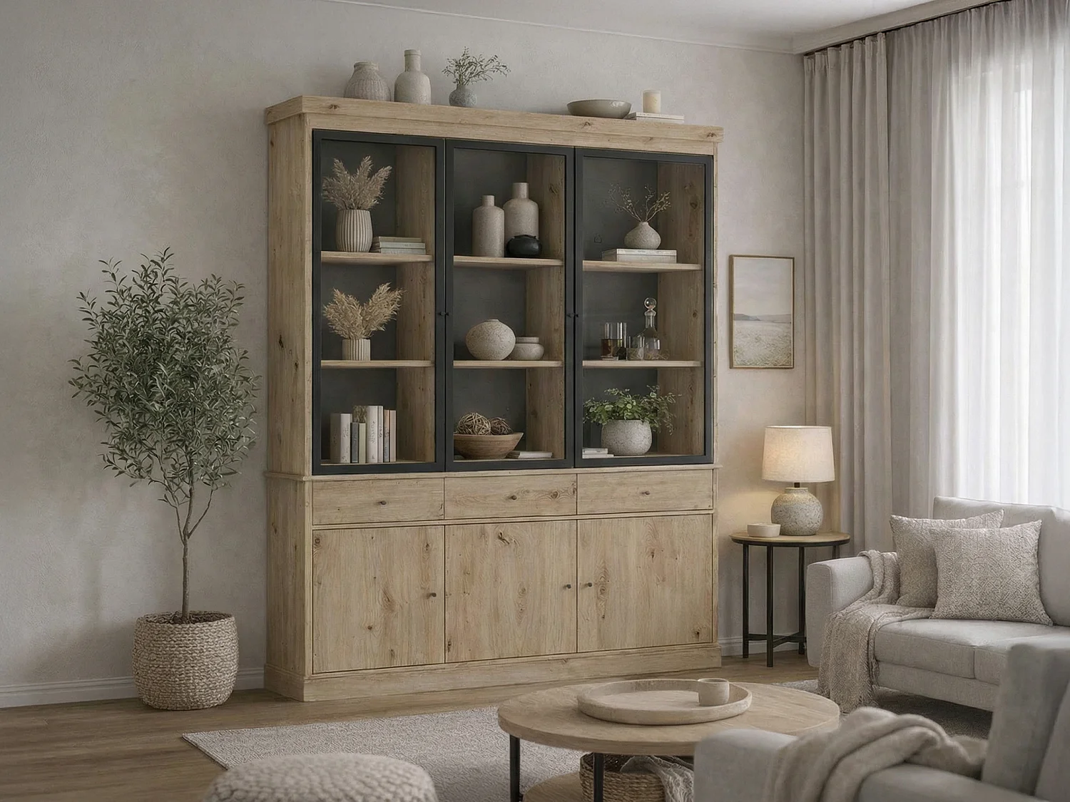 Vitrine avec rangements et LEDs - Naturel et noir - MARSORIA