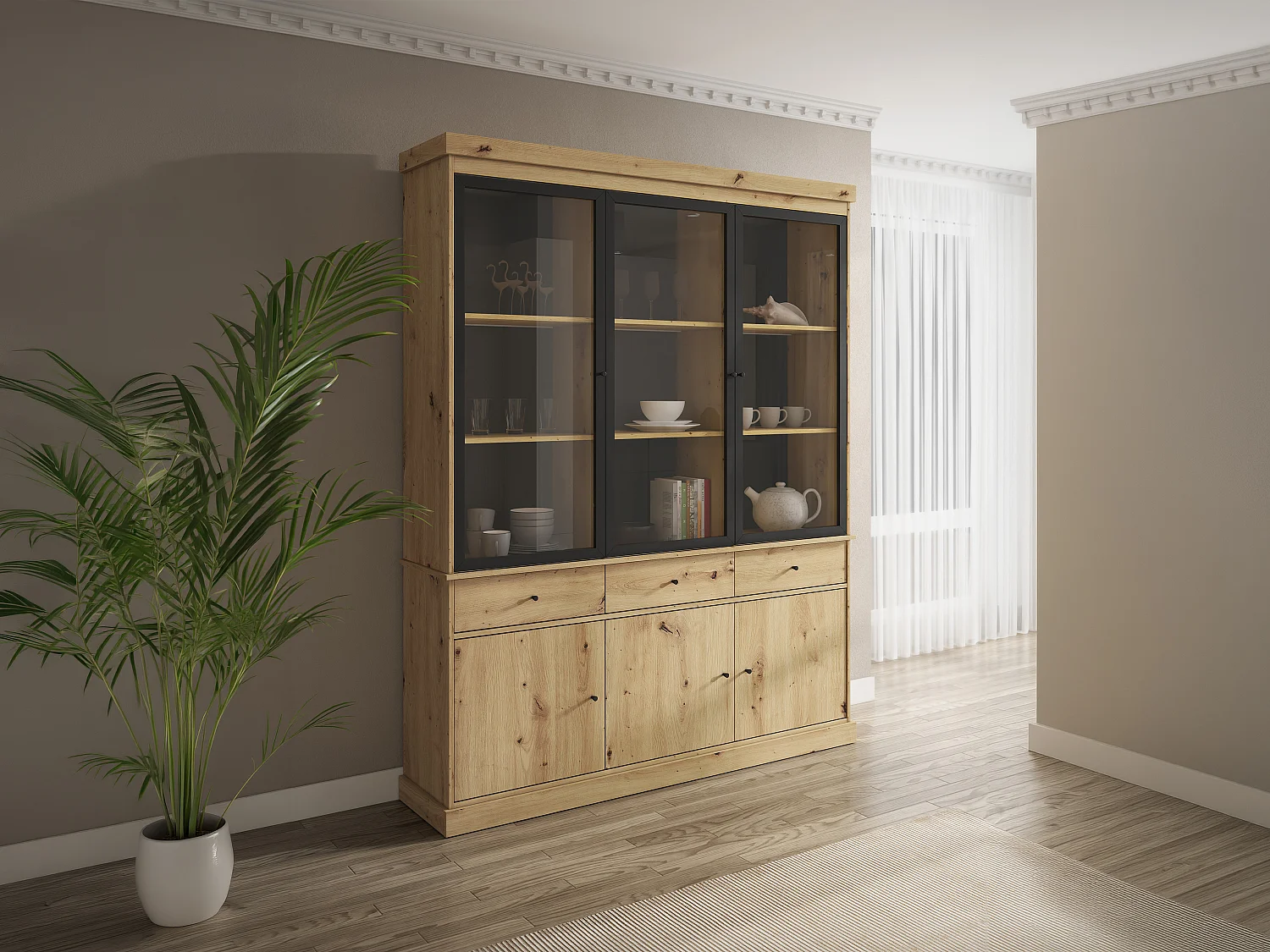 Vitrine avec rangements et LEDs - Naturel et noir - MARSORIA
