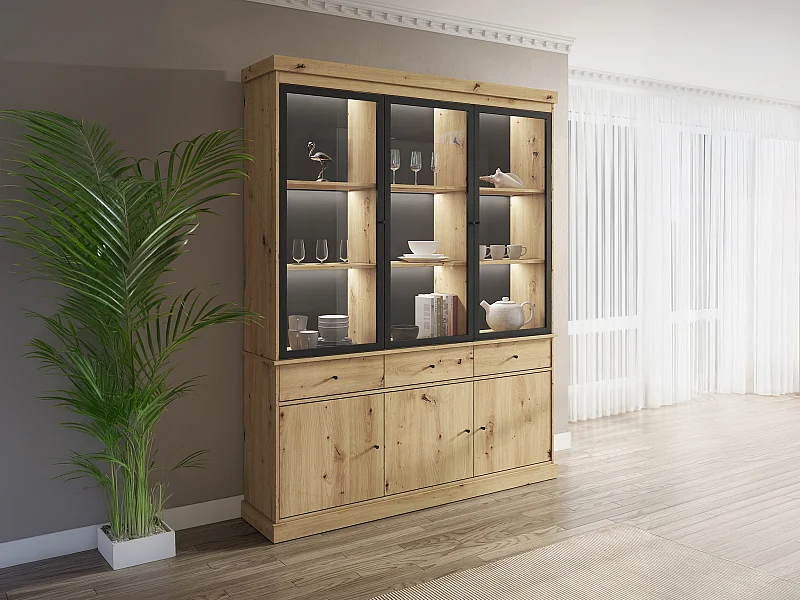 Vitrine avec rangements et LEDs - Naturel et noir - MARSORIA