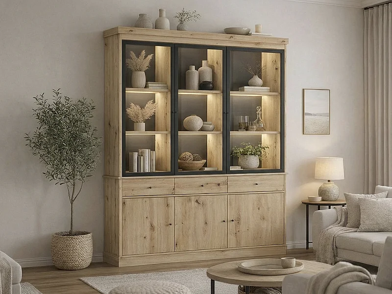 Vitrine com arrumação e LEDs – Natural e preto – MARSORIA