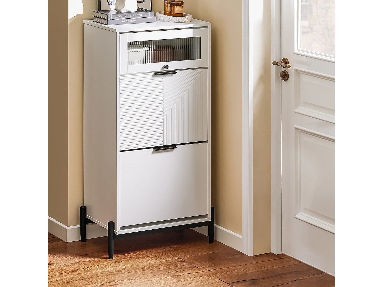 SoBuy Meuble à Chaussures avec 2 Abattants et Porte en Verre, Blanc pour Entrée/Couloir/Salon FSB95-W