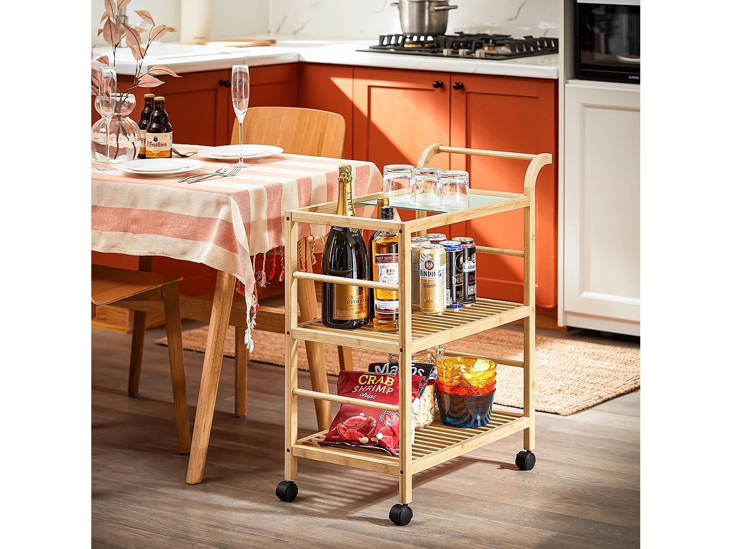 SoBuy SVW24-N Chariot de Service à Roulettes, Desserte de Cuisine Roulante,  Étagère de Cuisine, Meuble de Rangement à 3 Niveaux avec Poignée, pour Cuisine, Salle à