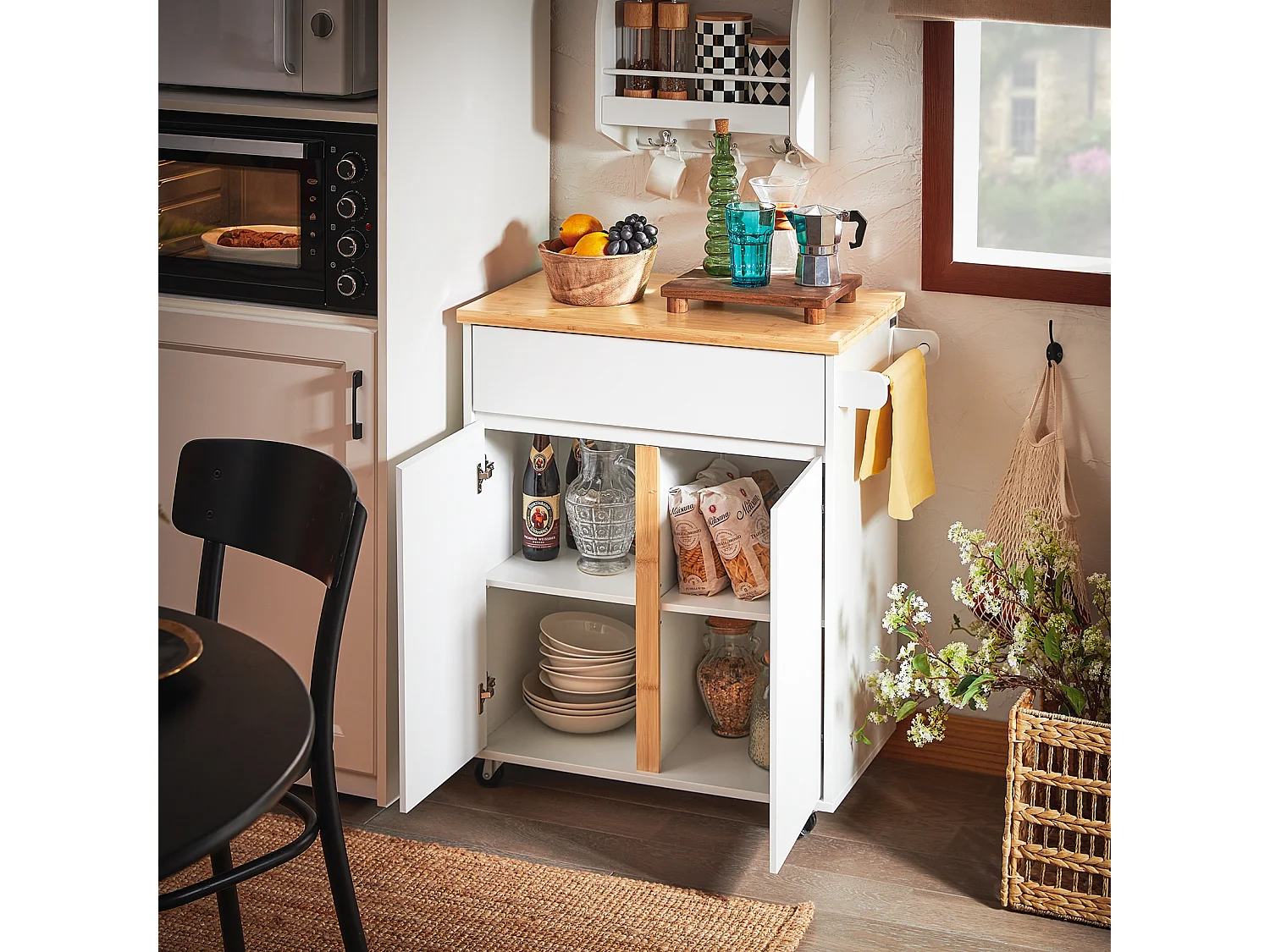 SoBuy FKW125-WN Desserte de Cuisine à roulettes îlot de Cuisine Chariot de Service avec 1 Tiroirs, 2 Portes, 4 étages à l'intérieur