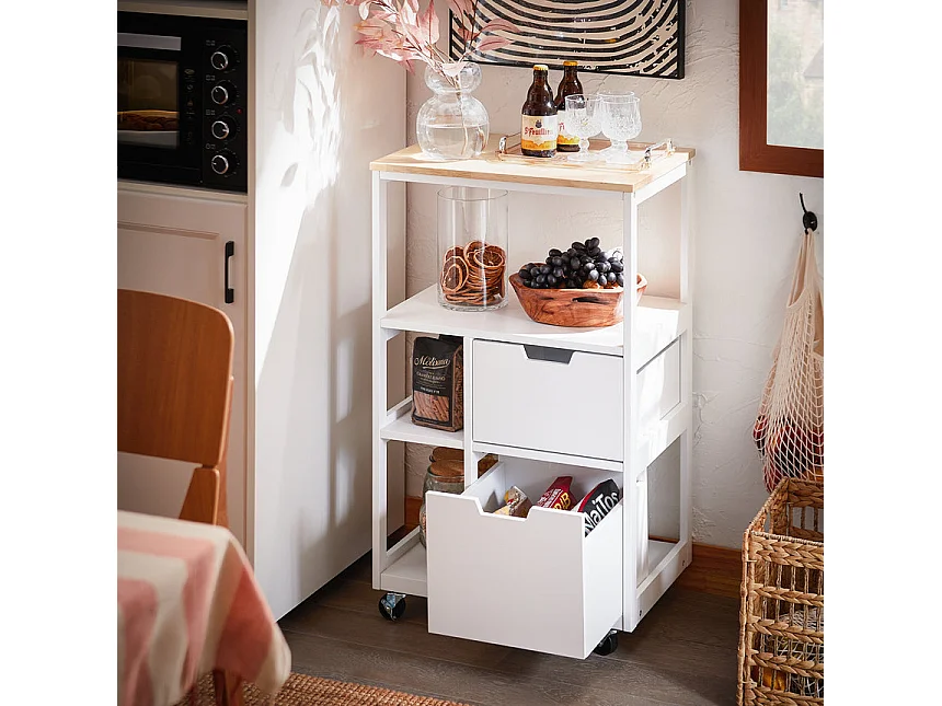 SoBuy FKW111-WN Desserte de Cuisine à roulettes îlot de Cuisine Chariot de Service Buffet avec 2 Tiroirs et 3 Etagères