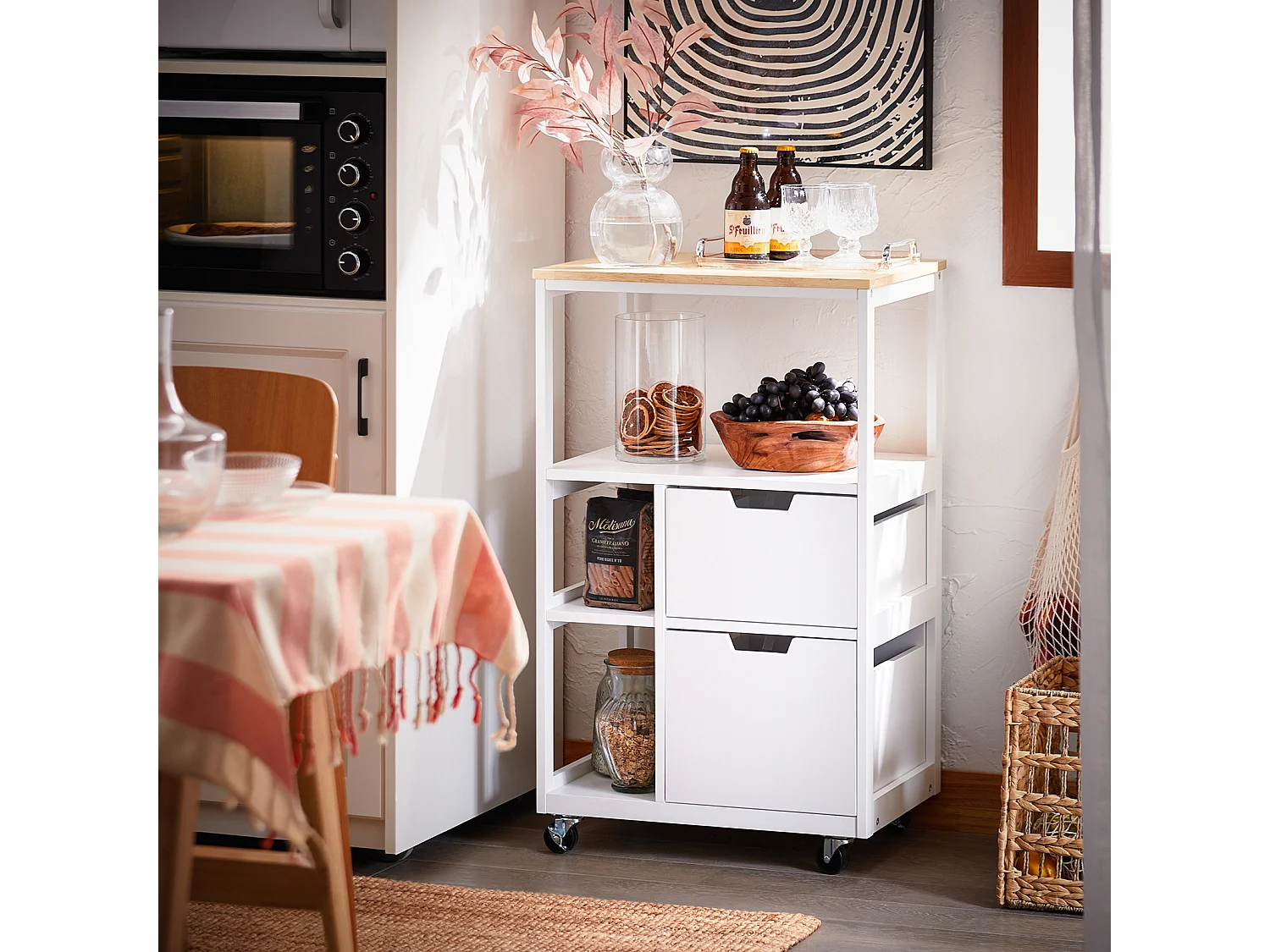 SoBuy FKW111-WN Desserte de Cuisine à roulettes îlot de Cuisine Chariot de Service Buffet avec 2 Tiroirs et 3 Etagères