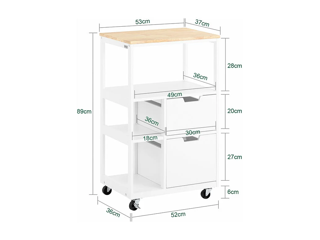 SoBuy FKW111-WN Keukenwagen met 2 laden en 3 planken Serveerwagen Bijzetwagen Trolley Theewagen Barwagen Keukenrek met wieltjes
