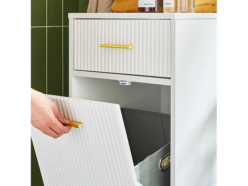 SoBuy Armoire à linge, Meuble Bas de Salle de Bain avec 1 Tiroir et 1 Panier à Linge Amovible, Blanc - BZR180-W