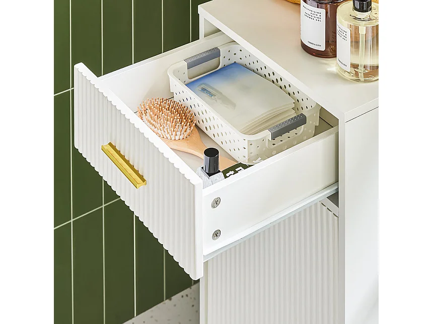 SoBuy Armoire à linge, Meuble Bas de Salle de Bain avec 1 Tiroir et 1 Panier à Linge Amovible, Blanc - BZR180-W