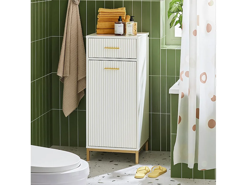SoBuy Armoire à linge, Meuble Bas de Salle de Bain avec 1 Tiroir et 1 Panier à Linge Amovible, Blanc - BZR180-W