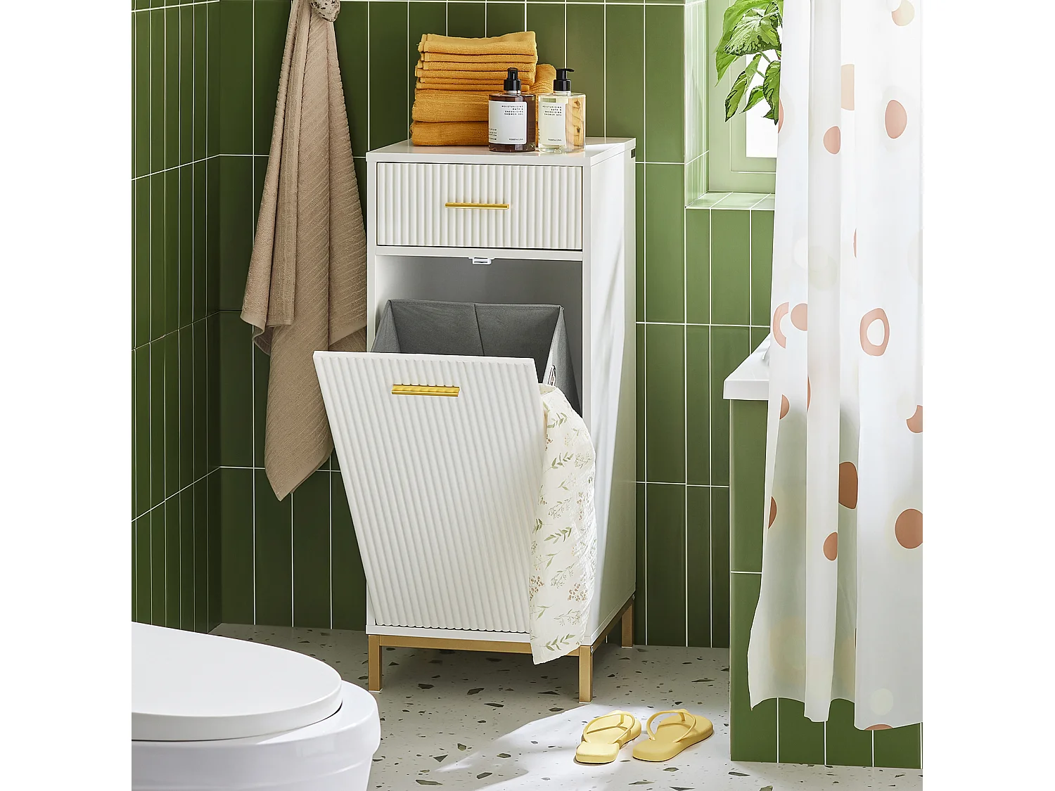 SoBuy Armoire à linge, Meuble Bas de Salle de Bain avec 1 Tiroir et 1 Panier à Linge Amovible, Blanc - BZR180-W