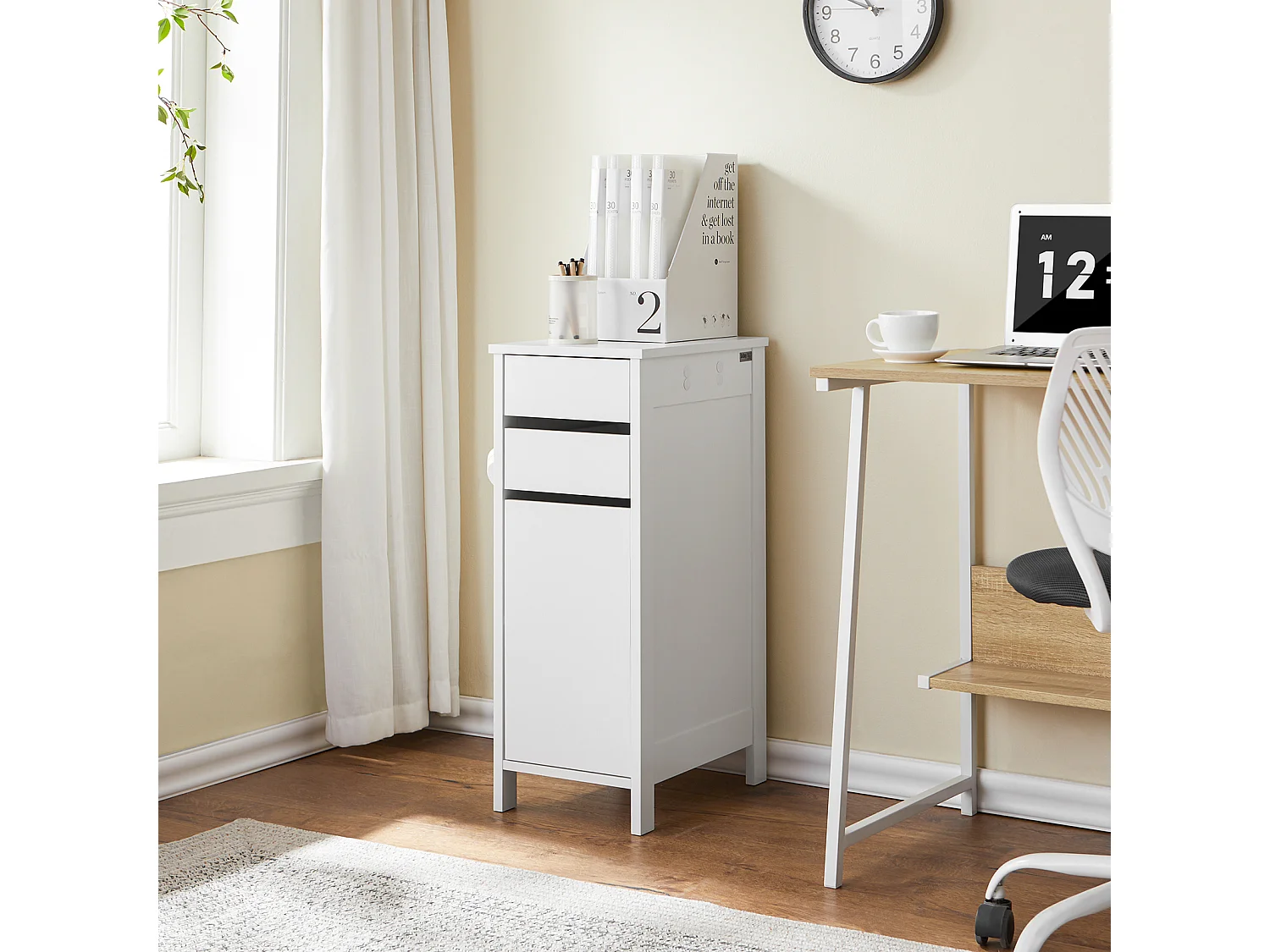 SoBuy FWT108-W Caisson de Bureau, Organiseur Bureau, Meuble de Rangement, Bout de Canapé, Table de Chevet, Armoire Rangement à 2 Tiroirs et 1 Porte, Blanc