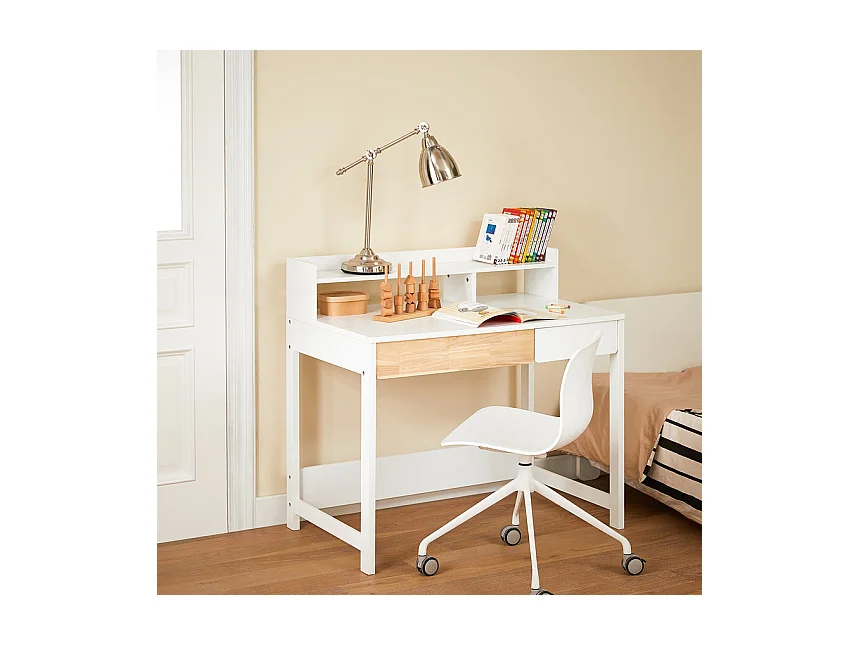 SoBuy Bureau Informatique, Bureau d'Ordinateur, Table d’Étude à Domicile avec 1 Étagère et 2 Tiroirs pour Bureau, Salon, Chambre FWT106-W