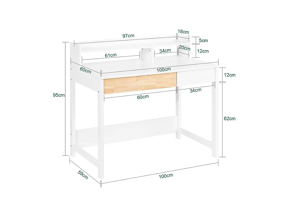 SoBuy Bureau Informatique, Bureau d'Ordinateur, Table d’Étude à Domicile avec 1 Étagère et 2 Tiroirs pour Bureau, Salon, Chambre FWT106-W