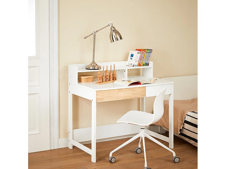 SoBuy Bureau Informatique, Bureau d'Ordinateur, Table d’Étude à Domicile avec 1 Étagère et 2 Tiroirs pour Bureau, Salon, Chambre FWT106-W