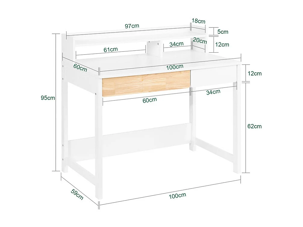 SoBuy Bureau Informatique, Bureau d'Ordinateur, Table d’Étude à Domicile avec 1 Étagère et 2 Tiroirs pour Bureau, Salon, Chambre FWT106-W