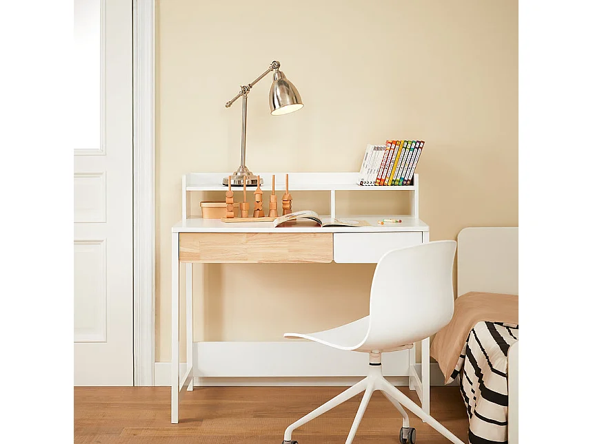 SoBuy Bureau Informatique, Bureau d'Ordinateur, Table d’Étude à Domicile avec 1 Étagère et 2 Tiroirs pour Bureau, Salon, Chambre FWT106-W