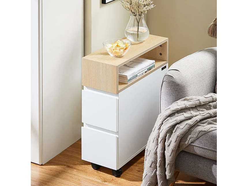 SoBuy Tavolino con ruote da divano Carrello con 2 cassetti Comodino camera da letto Naturale 50x20x60cm FBT155-WN