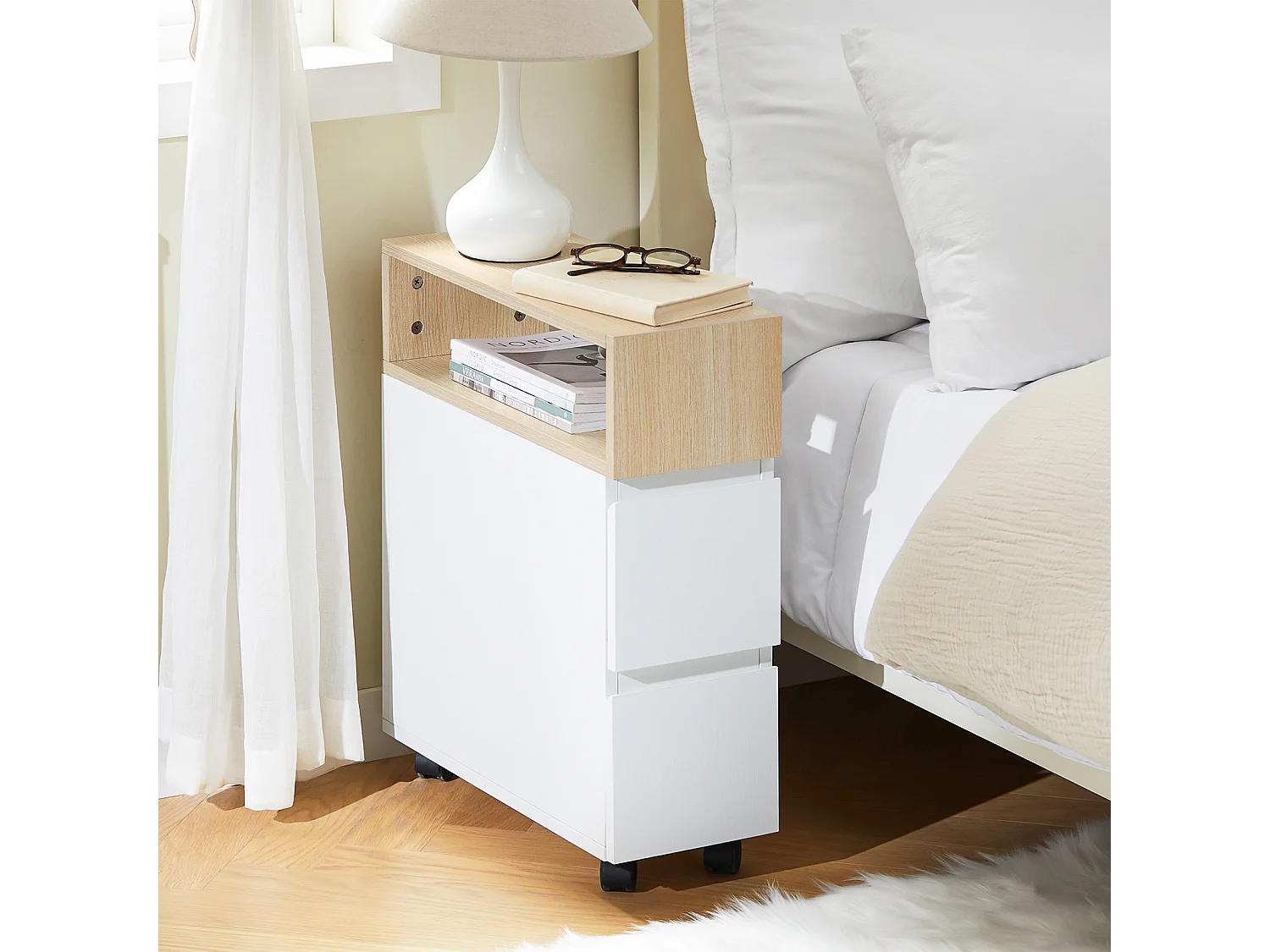 SoBuy Tavolino con ruote da divano Carrello con 2 cassetti Comodino camera da letto Naturale 50x20x60cm FBT155-WN