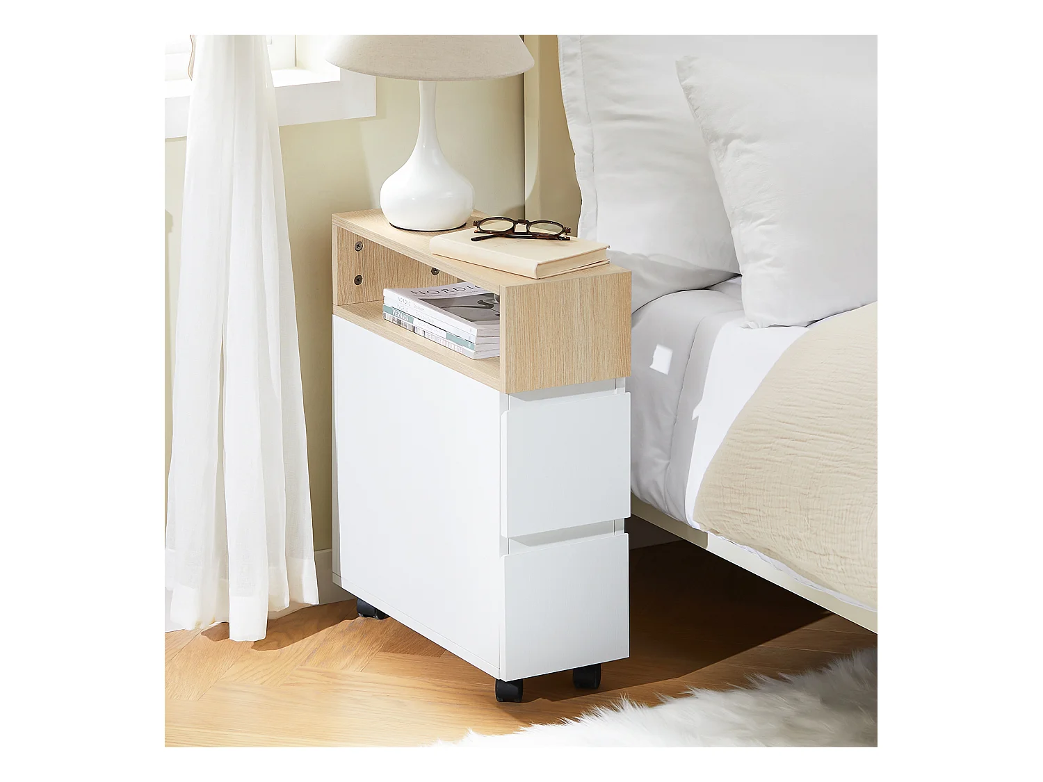 SoBuy FBT155-WN Bout de Canapé sur Roulettes Table de Chevet Table de Nuit Table d'Appoint avec 1 Compartiment Ouvert et 2 Tiroirs