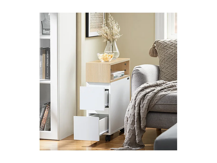 SoBuy FBT155-WN Bout de Canapé sur Roulettes Table de Chevet Table de Nuit Table d'Appoint avec 1 Compartiment Ouvert et 2 Tiroirs