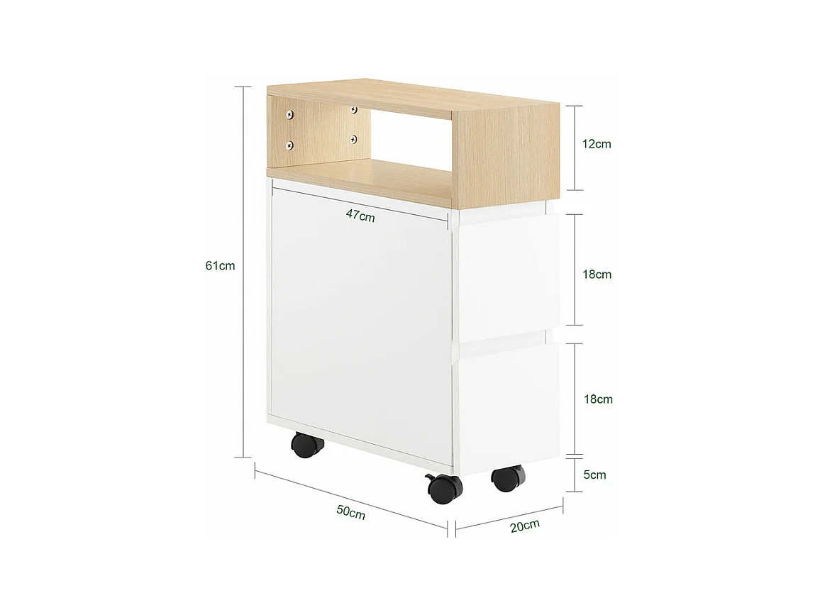 SoBuy FBT155-WN Bout de Canapé sur Roulettes Table de Chevet Table de Nuit Table d'Appoint avec 1 Compartiment Ouvert et 2 Tiroirs