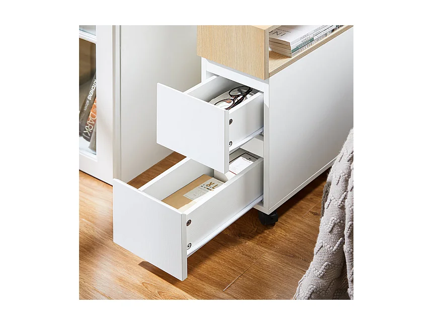 SoBuy FBT155-WN Bout de Canapé sur Roulettes Table de Chevet Table de Nuit Table d'Appoint avec 1 Compartiment Ouvert et 2 Tiroirs