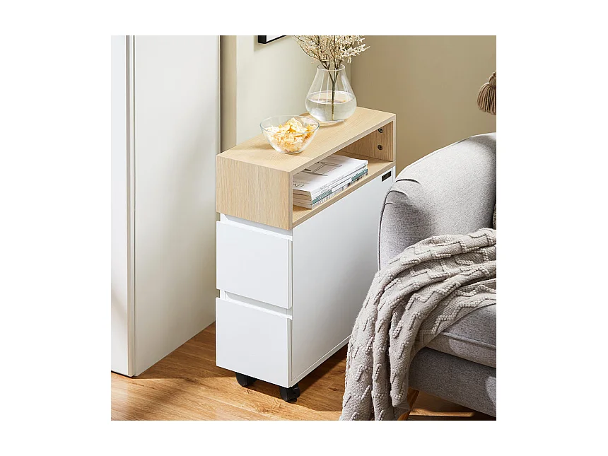 SoBuy FBT155-WN Bout de Canapé sur Roulettes Table de Chevet Table de Nuit Table d'Appoint avec 1 Compartiment Ouvert et 2 Tiroirs