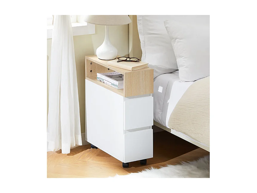 SoBuy FBT155-WN Bout de Canapé sur Roulettes Table de Chevet Table de Nuit Table d'Appoint avec 1 Compartiment Ouvert et 2 Tiroirs