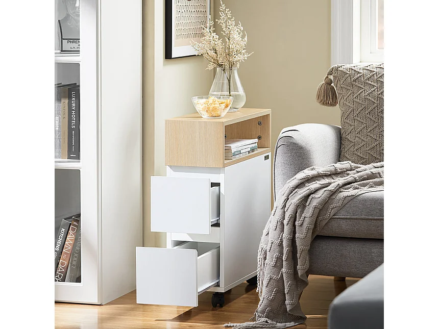 SoBuy Tavolino con ruote da divano Carrello con 2 cassetti Comodino camera da letto Naturale 50x20x60cm FBT155-WN