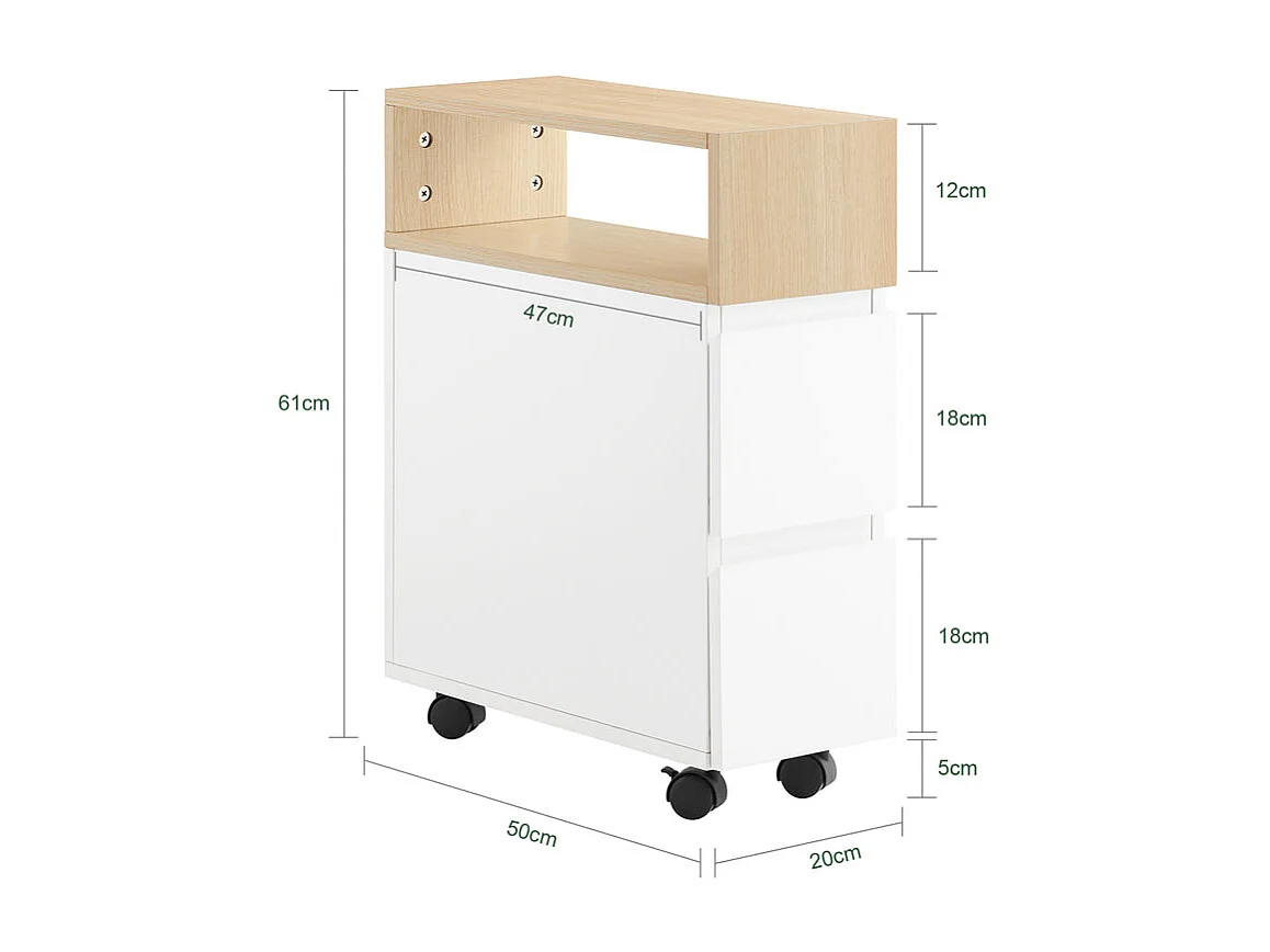SoBuy Tavolino con ruote da divano Carrello con 2 cassetti Comodino camera da letto Naturale 50x20x60cm FBT155-WN