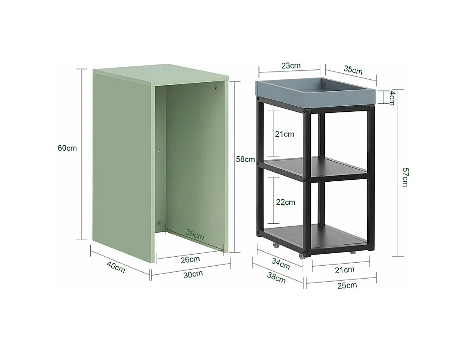 SoBuy FBT145-GR Bout de Canapé sur Roulettes Table Gigogne Table de Chevet Étroite Table de Nuit 1 Plateau et 2 Étagères