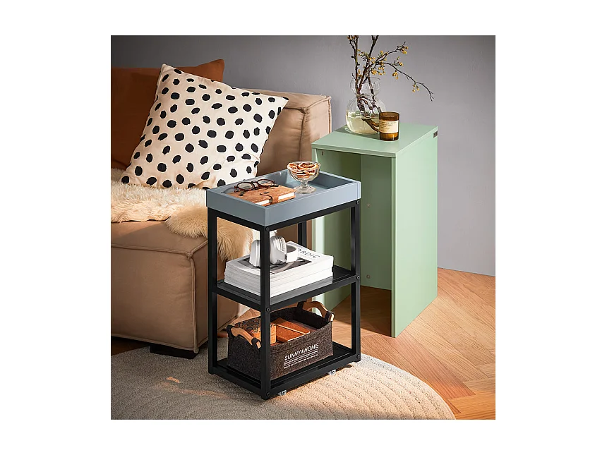 SoBuy FBT145-GR Bout de Canapé sur Roulettes Table Gigogne Table de Chevet Étroite Table de Nuit 1 Plateau et 2 Étagères
